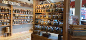 Inside the store with lots of spices and custom blends at Spice & Tea Exchange